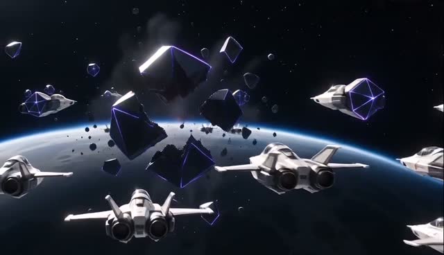 A formation of white fighter craft faces angular black ships edged in violet light above the curve of a planet