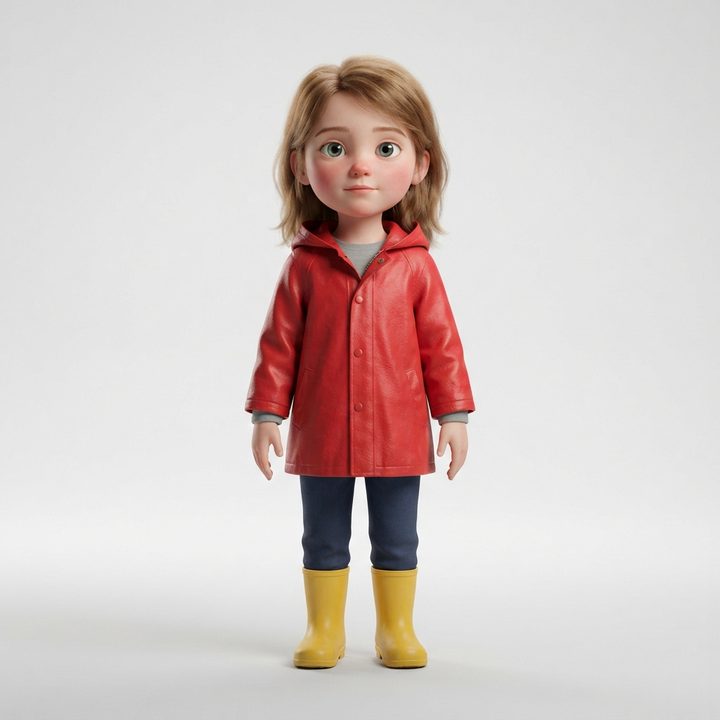 Reference design for Mia, a seven-year-old girl with shoulder-length hair, a red raincoat and yellow rubber boots
