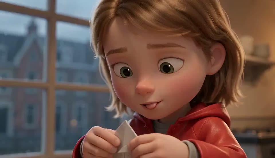 Clip 2: Mia folds a small paper boat, her tongue poking out, eyes on her hands