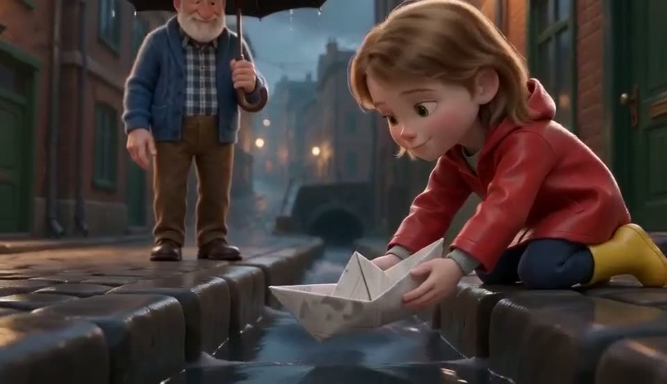 Clip 3: Mia kneels in the rain and sets the paper boat on the gutter while Grandpa Tomas holds a black umbrella