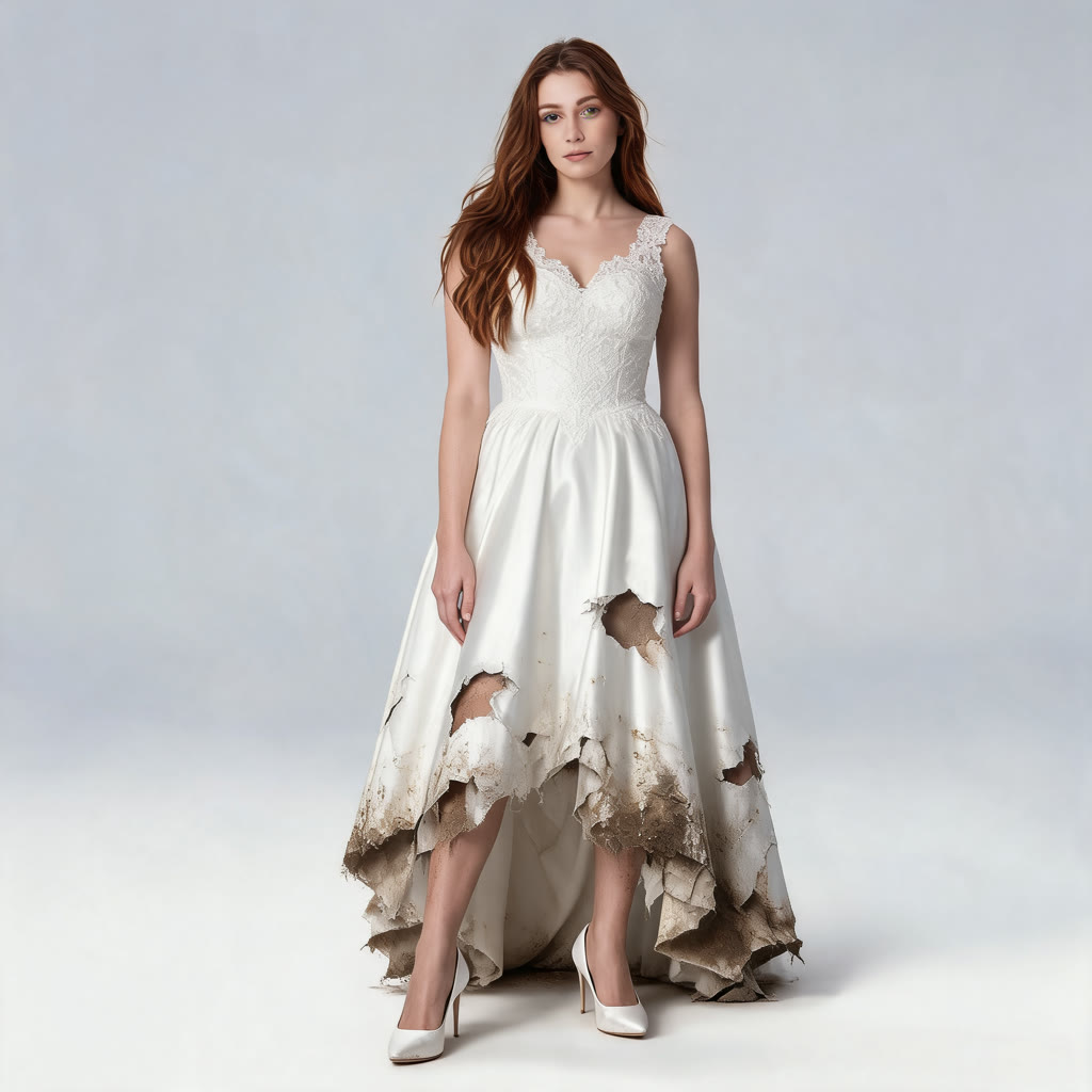 Reference card for Emma Lane: full-length, a young woman with long auburn hair in a torn, mud-stained white satin wedding dress with a lace bodice and white heels, on a plain grey background