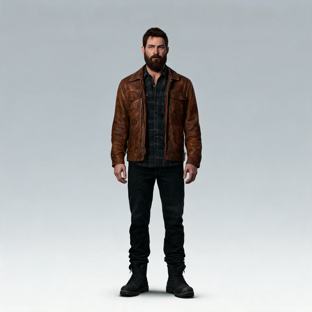 Reference card for Kael: full-length, a bearded man in a worn brown leather jacket over a dark flannel shirt, dark jeans and black boots, on a plain grey background