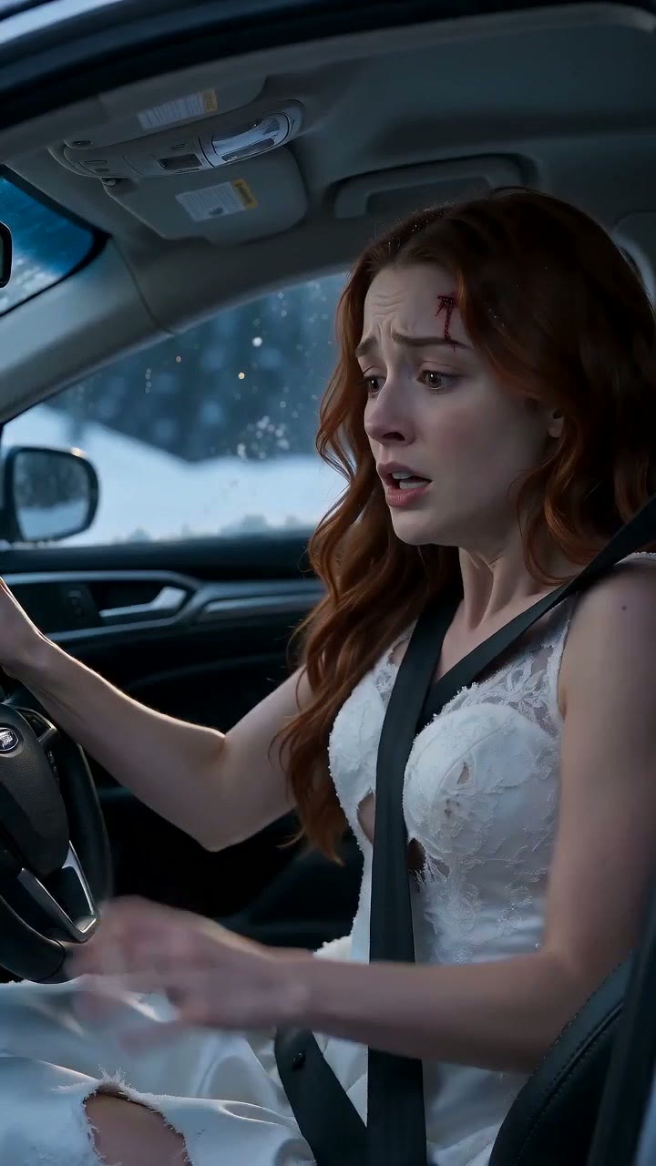 Clip 1: Emma, a cut on her forehead, grips the wheel of the wrecked car in the snow, still in the torn wedding dress