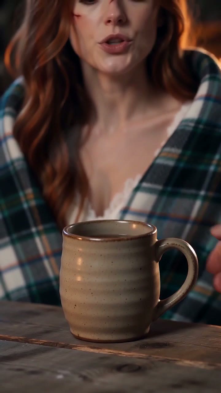 Clip 3: Emma wrapped in a green plaid wool blanket at the cabin table, a stoneware mug of tea in front of her