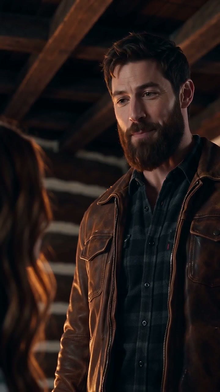 Clip 5: Kael in the same leather jacket and flannel shirt inside the log cabin, Emma's hair at the edge of the frame