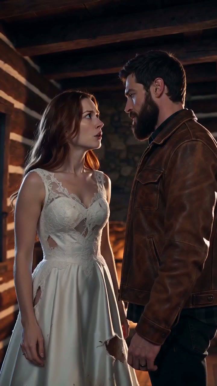 Clip 7: Emma in the same torn dress faces Kael in his brown leather jacket inside the log cabin