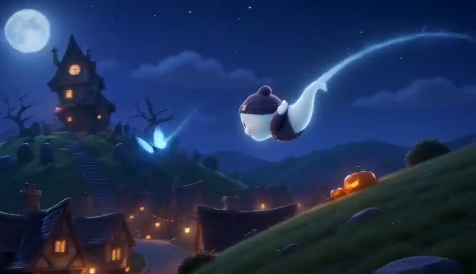 Clip 2: Boo flies out over the moonlit hill after a glowing blue butterfly