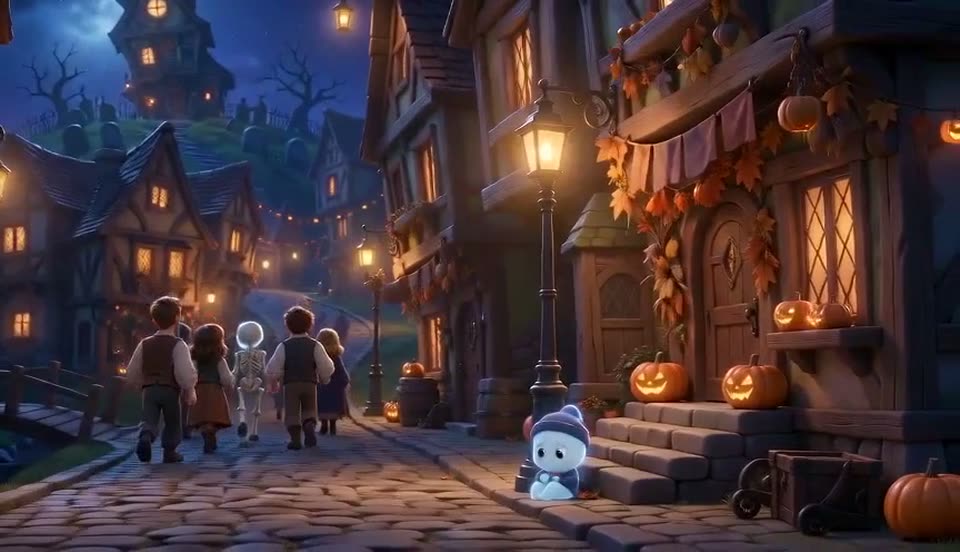 Clip 3: Boo, small and alone, on a lamplit cobbled street while people in Halloween costumes walk past