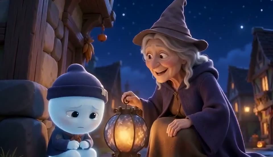 Clip 4: Hazel, an old witch with silver hair and a purple hat, kneels with her lantern beside Boo
