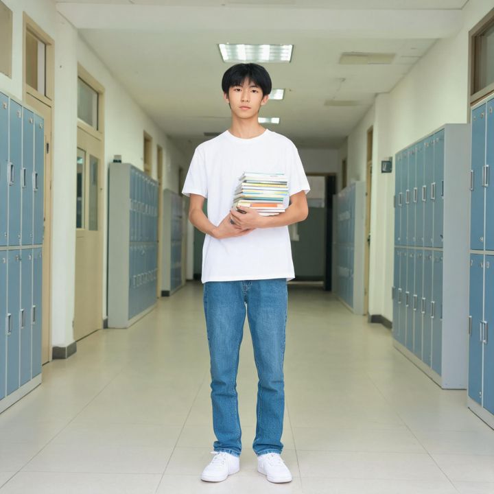 Reference card for Mike, a slim teenage boy with short black hair, white T-shirt and jeans, holding books in a school corridor