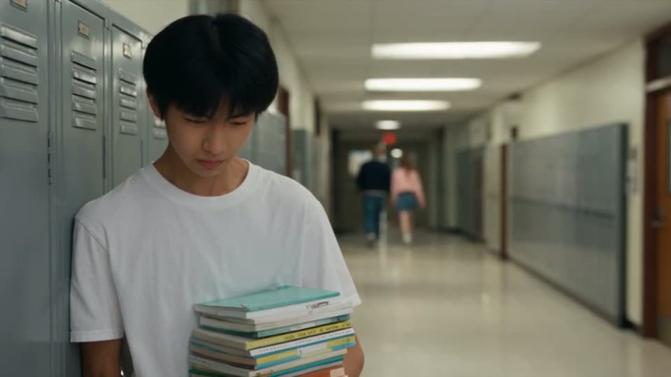 Mike leans against school lockers holding a stack of books