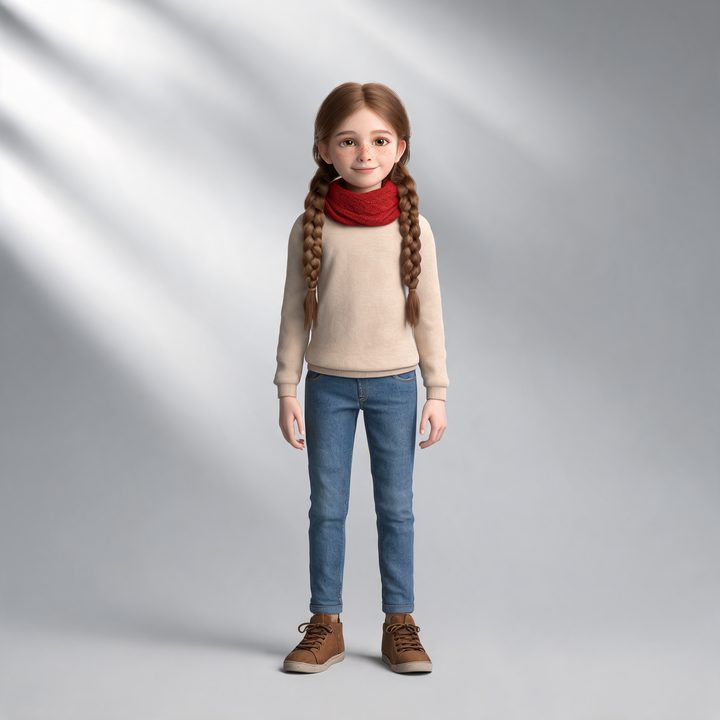 Reference design for June, a nine-year-old girl with two long brown braids, a red scarf and a cream sweater