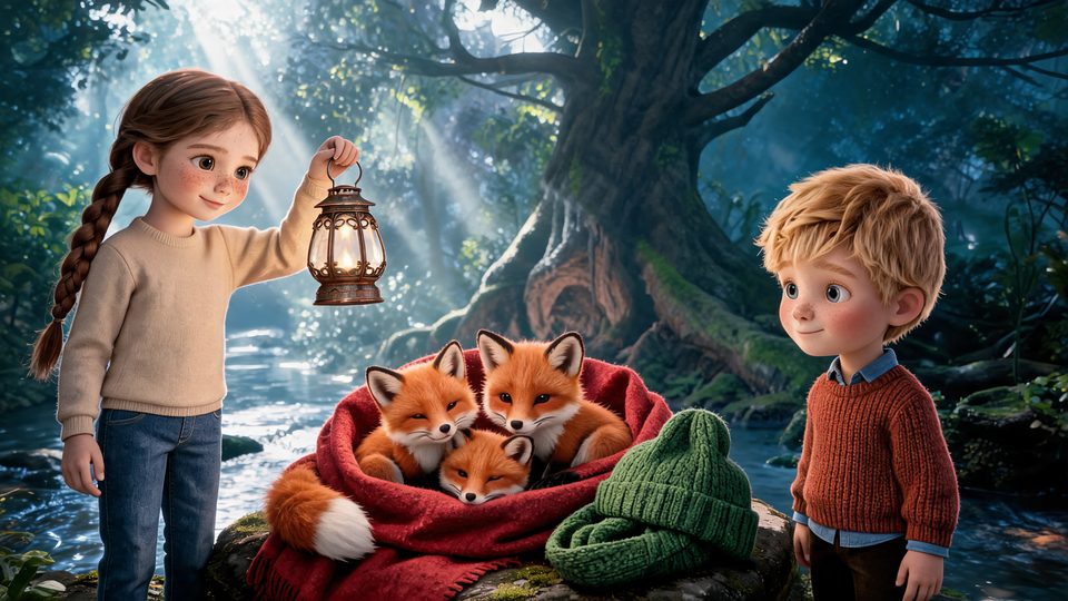 Page 19: June lifts the copper lantern beside three fox cubs wrapped in her red scarf while Theo watches